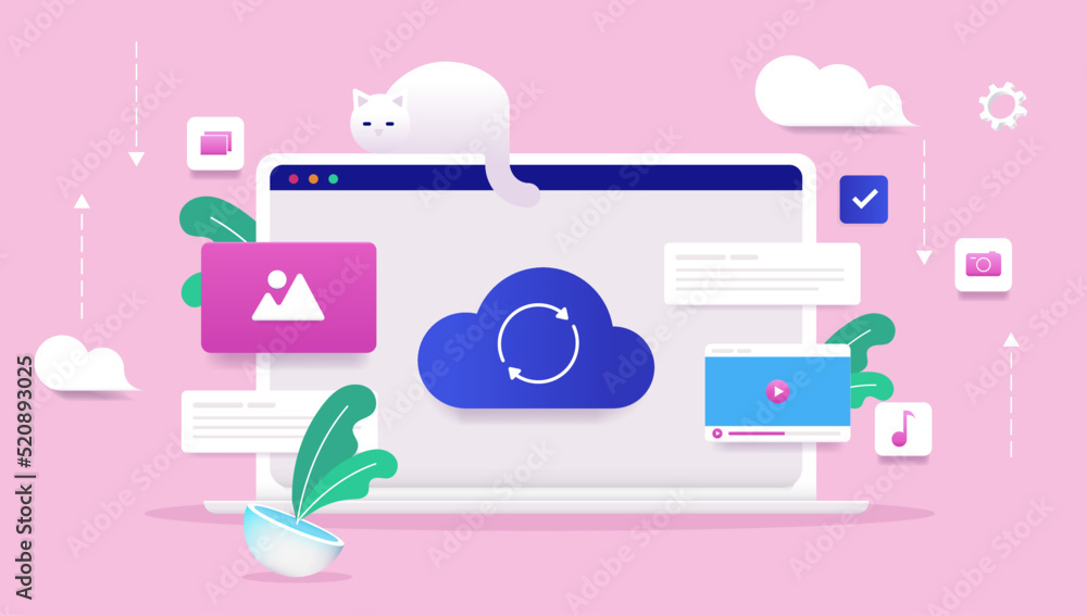 Poster computer using cloud service - laptop screen with cloud symbol synching media and files, vector illu