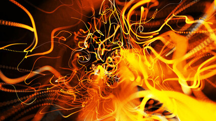 Beautiful curls. 3d render. Abstract beautiful background of glowing yellow flow of lines made of particles. Lines form abstract beautiful curls in space. Beautiful stream of bunch lines in motion.