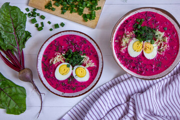Cold beet soup - traditional cold beetroot soup with yogurt, egg, dill, chives and cucumber. A vegetarian summer dish