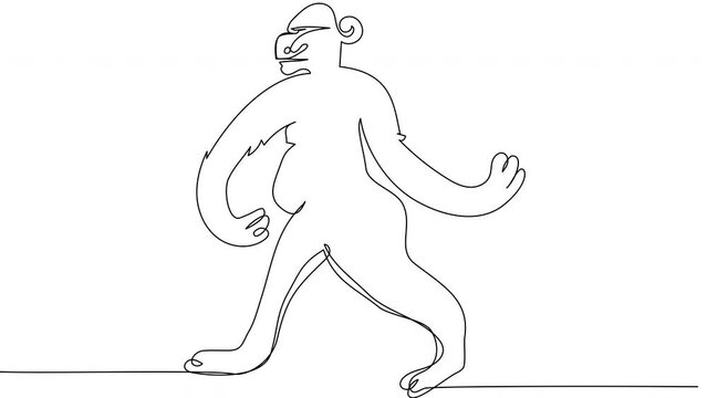 Self-drawing of a funny brown monkey with one line on a white screen. Animation of a primate in full growth. 4k stock video with alpha channel.