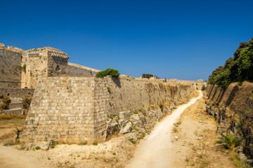City walls of Rhodes town, Greece, Europe.