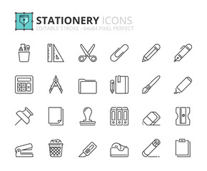Simple set of outline icons about stationery