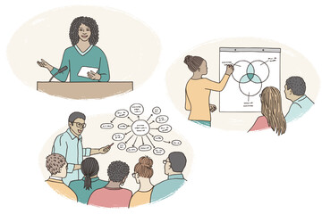 Hand drawn illustrations of lecturers, teachers or speakers in front of students or an audience