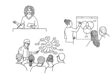 Hand drawn illustrations of lecturers, teachers or speakers in front of students or an audience