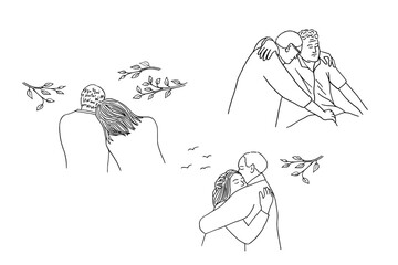 Set of hand drawn illustrations of grieving adults comforting each other - 520895266
