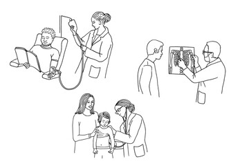 Hand drawn illustrations of patients getting examined at the doctor's office or hospital