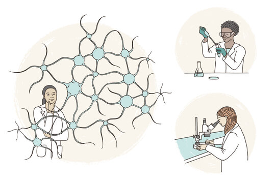 Hand drawn illustration of female scientists or researchers working in a lab, women working in STEM