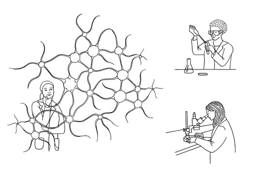 Hand drawn illustration of female scientists or researchers working in a lab, women working in STEM