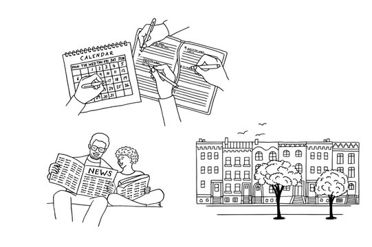 Hand drawn conceptual illustrations depicting local news and events in the neighbourhood