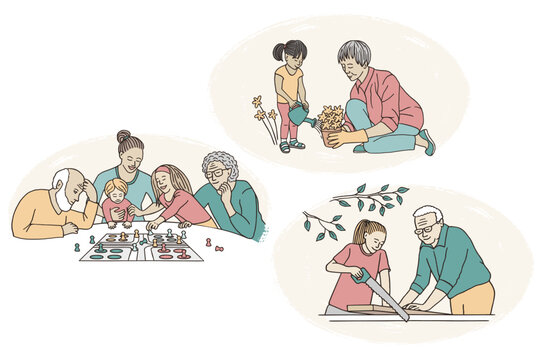 Set of hand drawn illustrations of grandchildren and grandparents spending time with each other