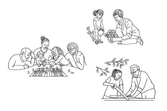 Set of hand drawn illustrations of grandchildren and grandparents spending time with each other
