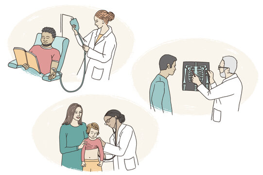 Hand drawn illustrations of patients getting examined at the doctor's office or hospital