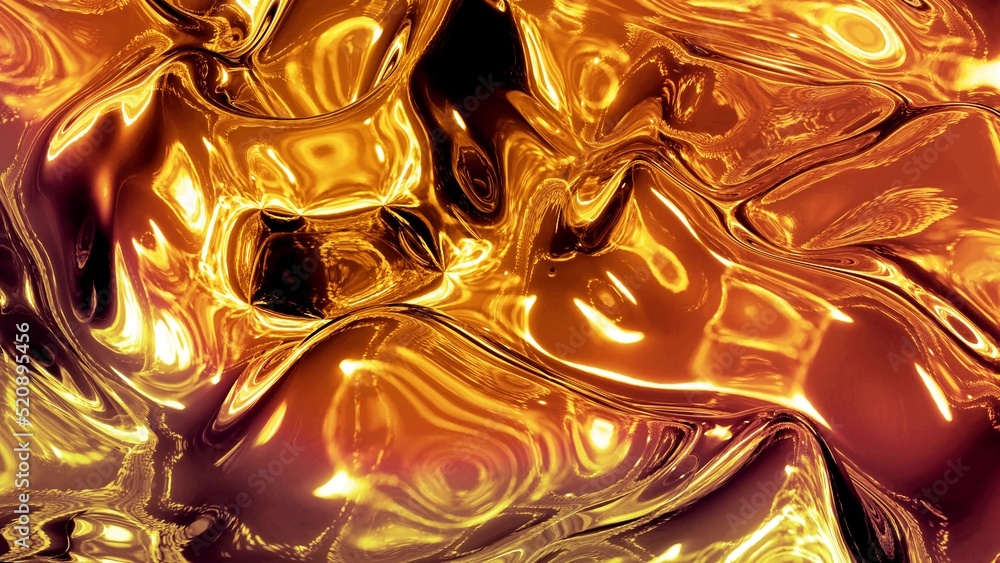 Poster abstract background with wavy sparkling golden liquid pattern on shiny glossy surface. viscous yello