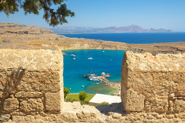 Fototapeta na wymiar View from the Acropolis of Lindos to the coast of Rhodes island, Greece, Europe.