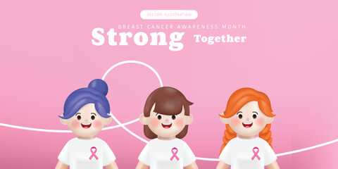 3d vector women character with a pink ribbon in the breast cancer awareness month campaign. Strong and fight together concept.