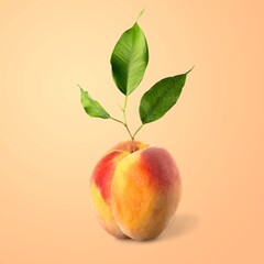 Tasty fresh peach fruit with leaf on the desk