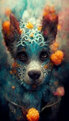 A fantasy magic dog in a fairy-tale wonderland forest. Artistic abstract cute animal. Perfect for phone wallpaper or for posters. 3D Rendering.