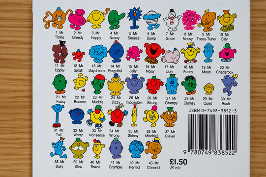 Rear cover of a Mr Men series book showing all the different Mr Men Characters