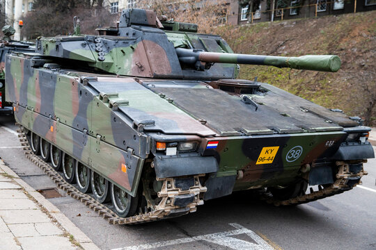 Vilnius/Lithuania November 23, 2018 
CV90 Armoured Combat Vehicle. CV90 is a family of Swedish tracked combat vehicles designed by Sweden's Defence Materiel Administration.