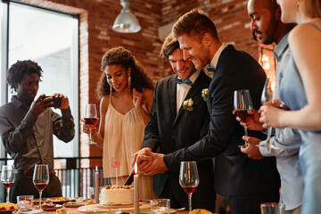 Warm toned portrait of happy gay couple cutting cake together during wedding reception, same sex...