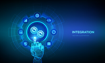 Integration data system. System Integration concept on virtual screen. Industrial smart technology. Business automation solutions. Robotic hand touching digital interface. Vector illustration.