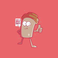 Happy coffee cup character vector illustration. Motivation, inspiration, drink design concept.