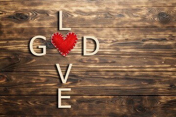God and love words written in the shape of a religious cross with red heart on background