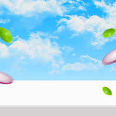 blank table board with cloud background for food products display