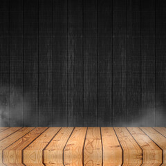 blank wooden board with smoke effect background for food product display