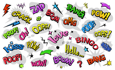 Comic colored speech bubbles with text. Comic background in Pop Art style. Sound emotes and comics cues. Set of cartoon dialog clouds with sound effects. Isolated. Vector illustration - 520899807