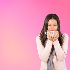 Caucasian woman holding a mug on background