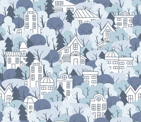 Seamless pattern with simple houses and trees. Winter time background