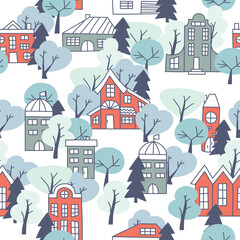 Seamless pattern with simple houses and trees. Winter time background