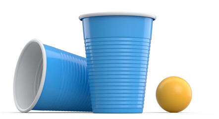 Set of plastic party cup for college ping pong game on white background.