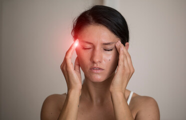 portrait of person with headache. Pain face woman. Allergy. Depression. Photo. 