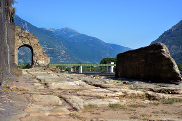 Donnas, Aosta, Aosta Valley, -07-18-2022- The ancient Roman route named Via delle Gallie and its...