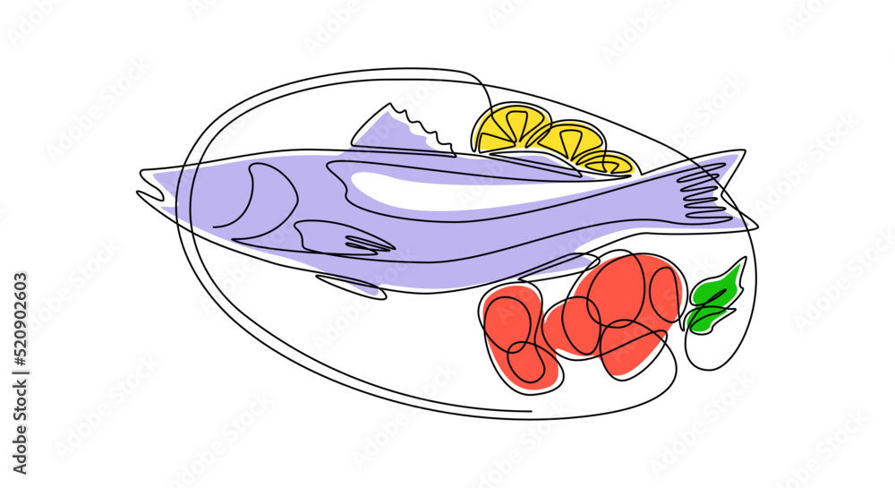 Aufkleber continuous one line drawing of grilled salmon fish on plate. roasted seafood dish with lemon and veg