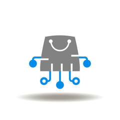 Vector illustration of shopping bag with circuit line. Icon of smart retail. Symbol of online shopping.