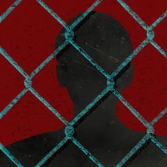 A silhouetted man is seen behind chainlink fence in a 3-d illustraton about imprisonment.