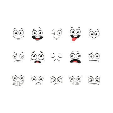 Funny cartoon faces with different expressions clip art. Vector illustration.	