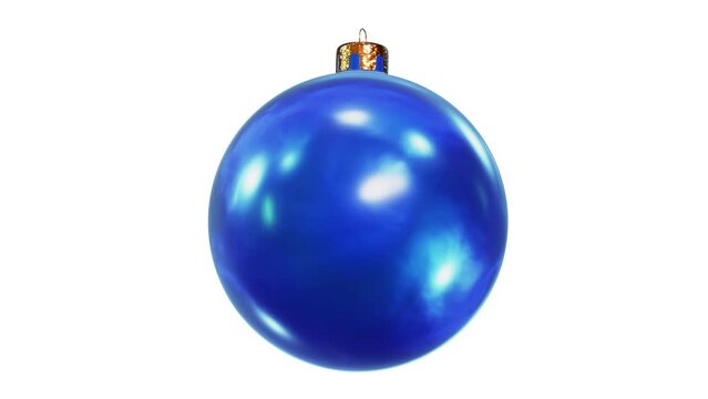 Realistic looping 3D animation of the spinning shining semi-gloss blue Christmas ball rendered in UHD with alpha matte