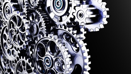 Mechanism blue metallic gears and cogs at work under white spot lighting background. Industrial machinery. 3D illustration. 3D high quality rendering. 3D CG.
