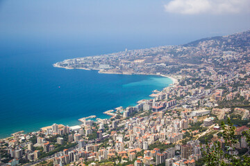 Fototapeta na wymiar Beautiful view of the resort town of Jounieh from Mount Harisa, Lebanon