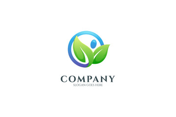 leaves care people logo design in simple circle frame