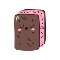 Cute doodle ice-cream character chocolate bracket with strawberry filling. Flat vector emoji isolated on white background.