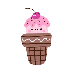Cute ice cream in a waffle cup with pink topping and cherry. Doodle character design.
