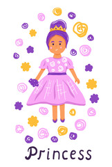 Obraz na płótnie Canvas Cute cartoon princess with crown in pink dress