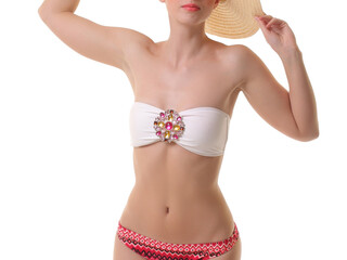 young woman in bikini on white