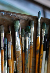 Artist oil paint brushes arranged in a row