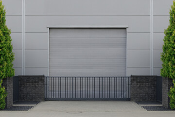 Roller door or roller shutter with application to factory, warehouse or hangar. Outside, trees on...